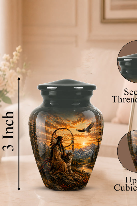 A memorial urn vase with a black threaded lid and a printed landscape design of a dreamcatcher scene, shown on a tabletop with a blurred home interior background. Callout graphics indicate 3 inch height and up to 3 cubic inches capacity, with inset circles showing the lid and printed detail.
