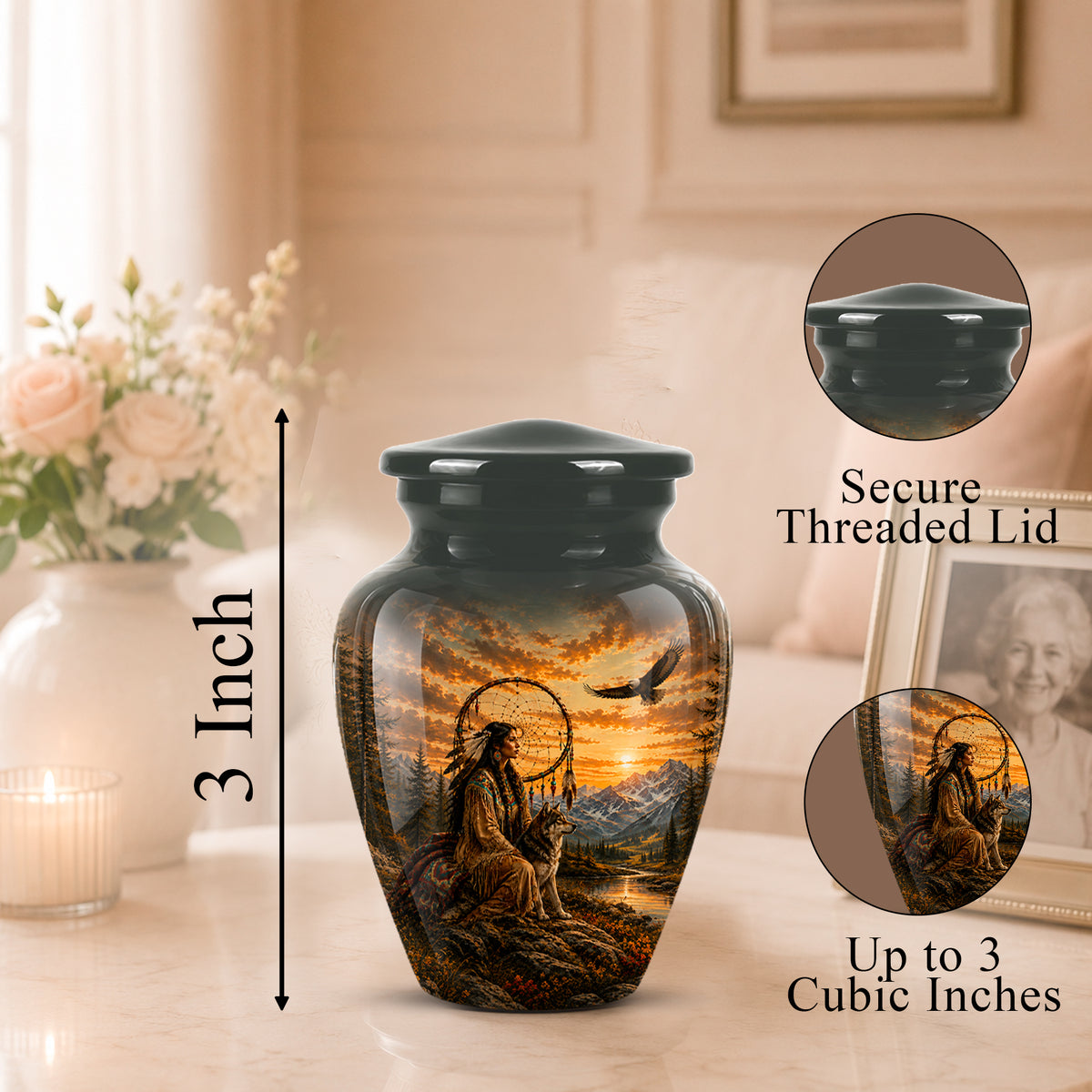 A memorial urn vase with a black threaded lid and a printed landscape design of a dreamcatcher scene, shown on a tabletop with a blurred home interior background. Callout graphics indicate 3 inch height and up to 3 cubic inches capacity, with inset circles showing the lid and printed detail.