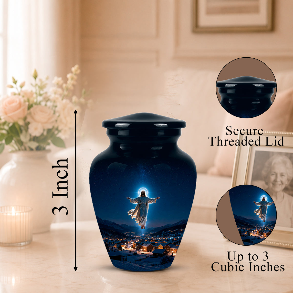 A glossy black urn-shaped cremation vase with a printed image of Jesus over a glowing village at night, shown on a tabletop in a softly lit room. A vertical arrow labels the height as 3 Inch, and two circular inset callouts on the right show the secure threaded lid and up to 3 cubic inch capacity.