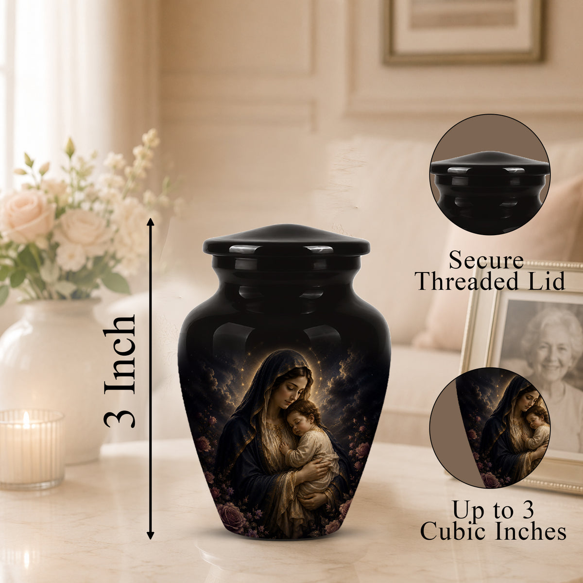 Virgin Mary With Baby Jesus Urn - Personalized Black Cremation Urn For Ashes