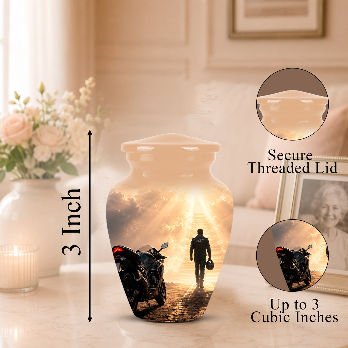 A ceramic cremation urn with a printed sunset scene featuring a motorcycle and a walking silhouette, shown on a tabletop with a vase of flowers and framed photo in the background. The image includes dimension callouts indicating 3 inch height and 3 cubic inch capacity, plus close-up inset circles labeled 'Secure Threaded Lid' and 'Up to 3 Cubic Inches'.
