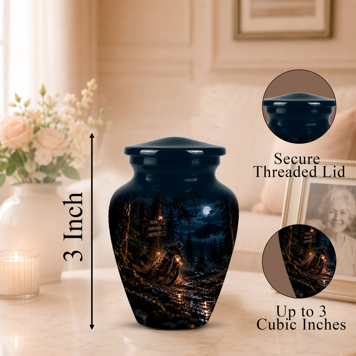 A dark urn-shaped memorial vase with a printed forest night scene, shown on a tabletop in a softly lit room. A vertical arrow labels the height as 3 Inch, and two circular inset close-ups highlight a secure threaded lid and up to 3 cubic inches capacity.