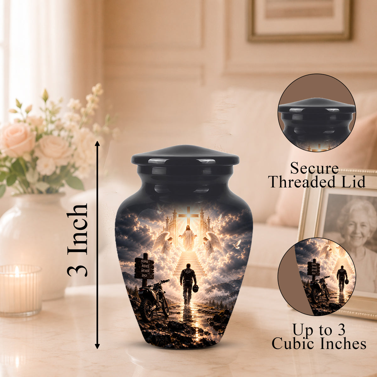 A black cremation urn with a printed religious scene on the front, shown on a tabletop in a softly lit room. The image includes a 3-inch height marker, a close-up inset of the secure threaded lid, and a circular inset showing up to 3 cubic inches of space for a photo.