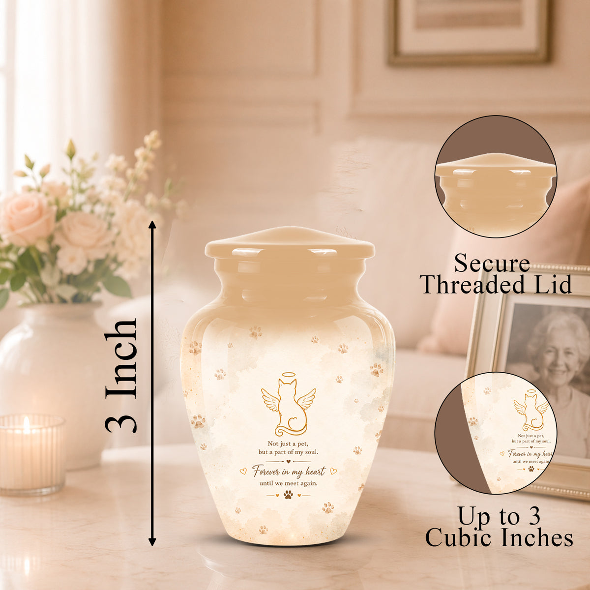 A cremation urn shown in a softly lit indoor setting with measurement callouts and detail insets. The urn is a small beige jar with a threaded lid, decorated with a gold angel graphic and paw prints on a white body.