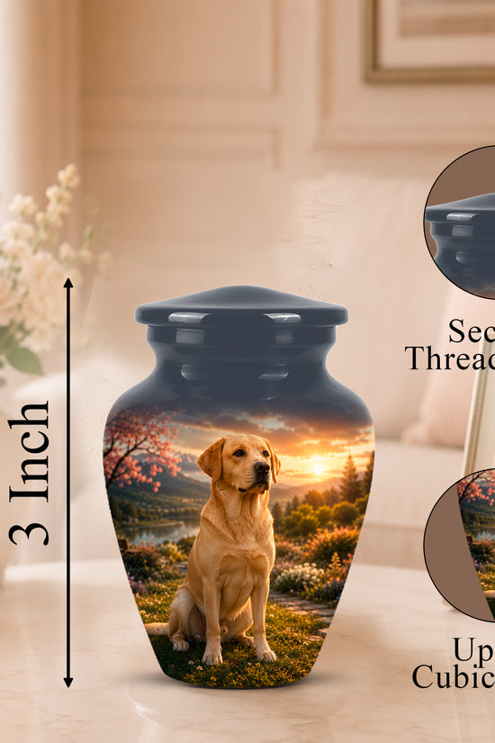 A memorial urn vase with a printed photo of a yellow Labrador retriever at sunset, shown on a tabletop in a softly lit room. The image includes callout graphics: a vertical '3 Inch' height marker, a circular inset labeled 'Secure Threaded Lid,' and a circular inset labeled 'Up to 3 Cubic Inches.