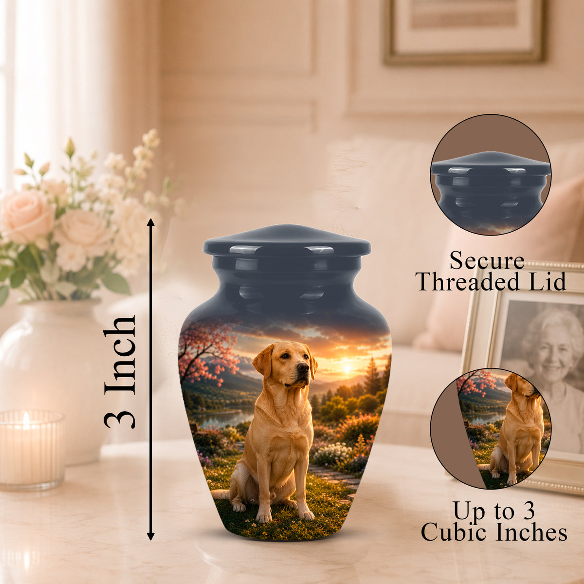 A memorial urn vase with a printed photo of a yellow Labrador retriever at sunset, shown on a tabletop in a softly lit room. The image includes callout graphics: a vertical '3 Inch' height marker, a circular inset labeled 'Secure Threaded Lid,' and a circular inset labeled 'Up to 3 Cubic Inches.