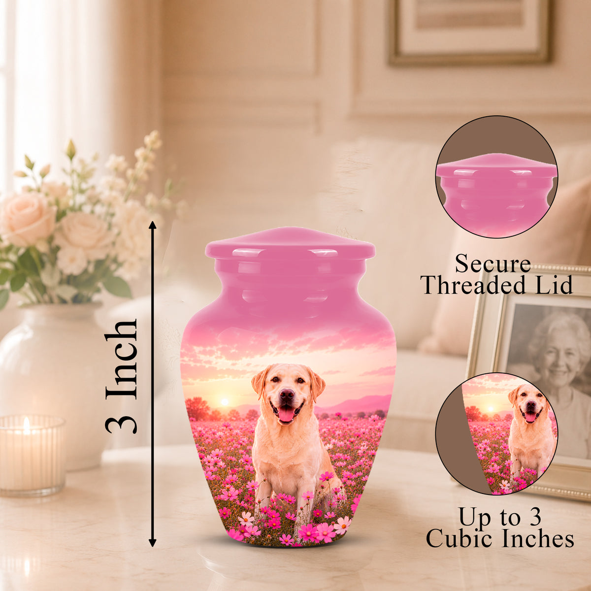 Personalized ceramic pet memorial urn with a pink lid and a printed photo of a golden retriever in a flower field at sunset. The image includes dimension text showing 3 inch height and circular inset callouts for the secure threaded lid and up to 3 cubic inches capacity, set in a softly lit indoor scene.