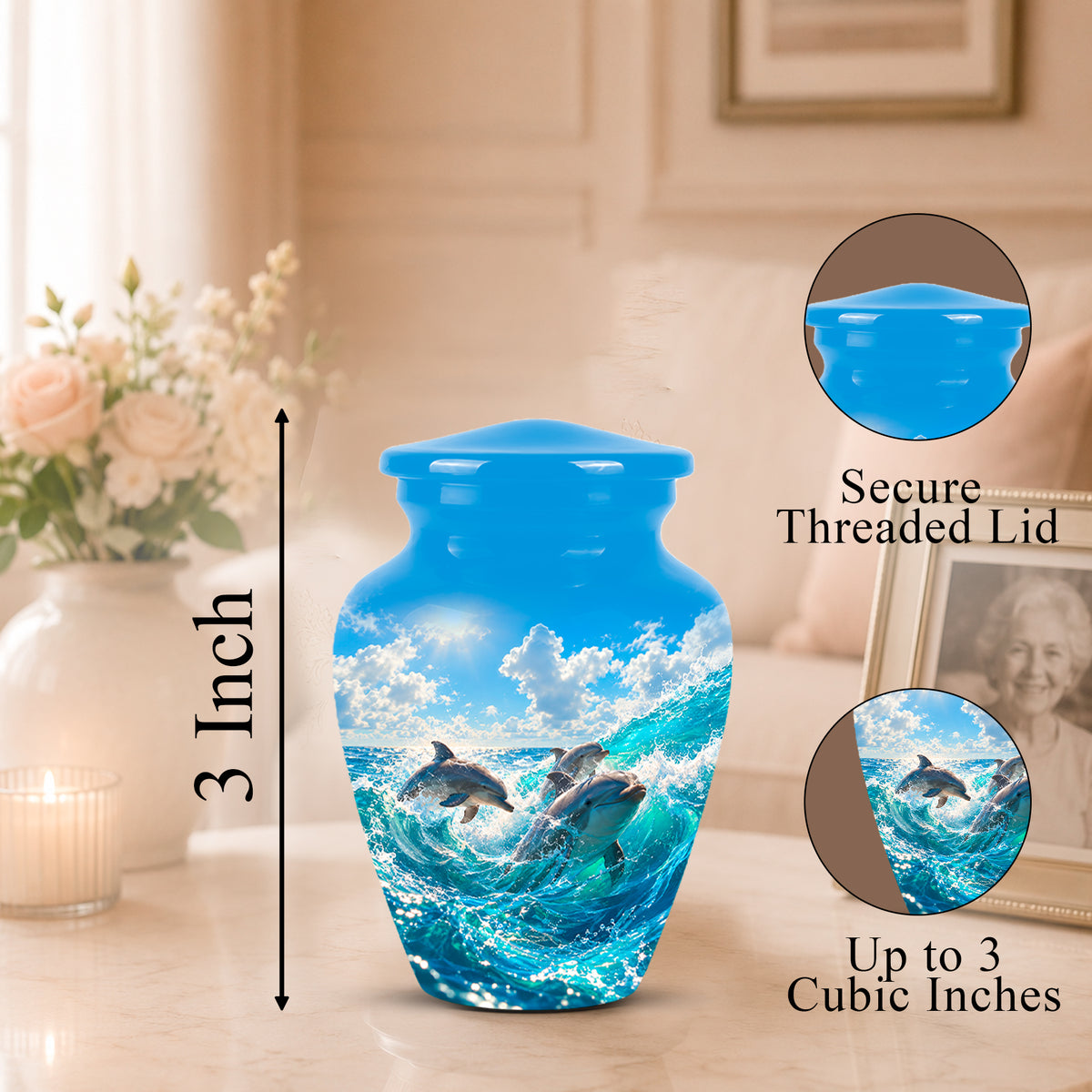 Blue urn-shaped vase with a dolphin ocean print, shown on a table in a softly lit room with size and feature callouts including a secure threaded lid and up to 3 cubic inches capacity.
