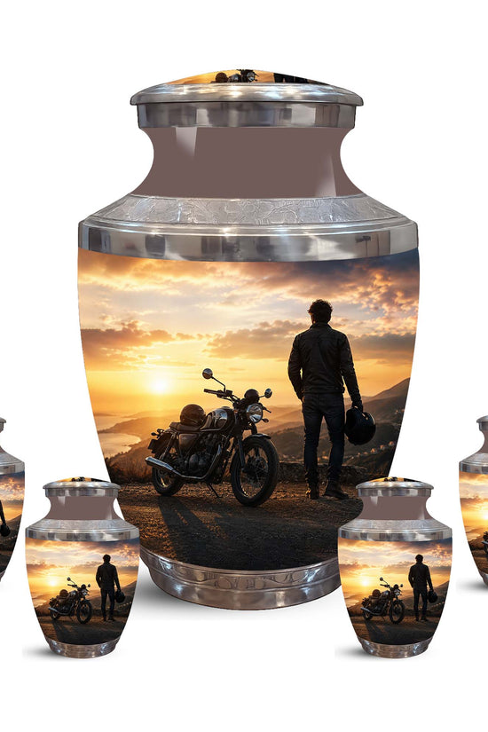 Sunset Motor Bike Rider Funeral Urn - Custom Memorial Tribute Funeral Urns