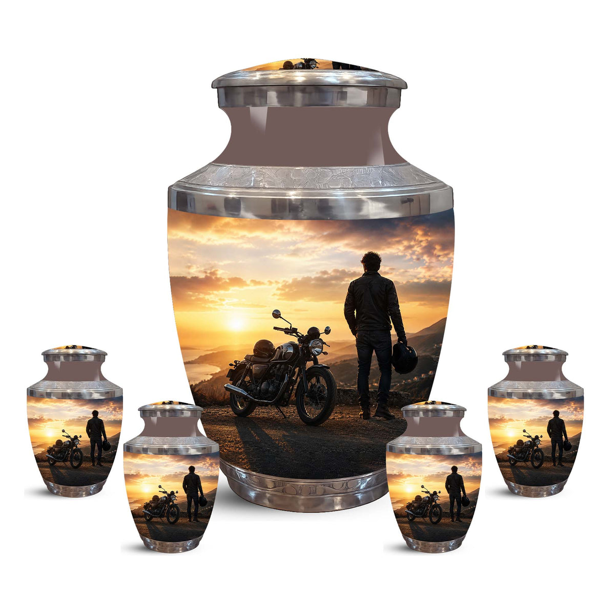 Sunset Motor Bike Rider Funeral Urn - Custom Memorial Tribute Funeral Urns