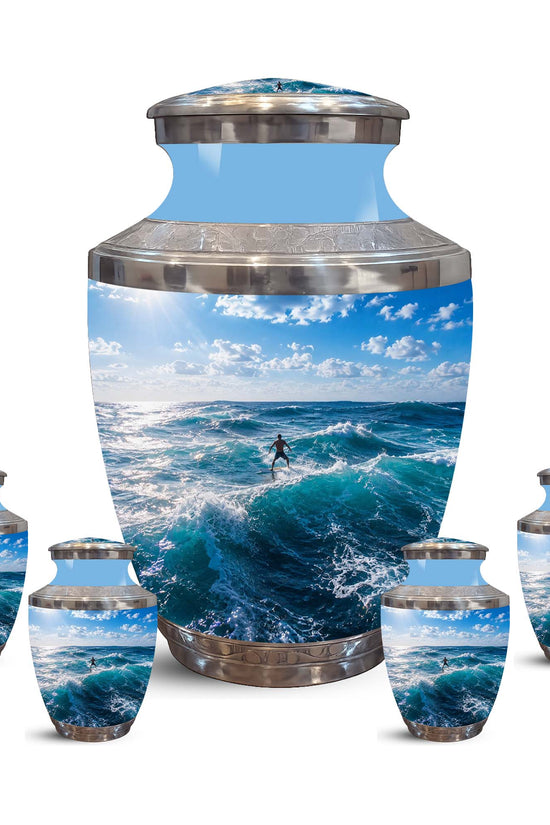 Man Surfing Big Waves Ocean Cremation Urn – Custom Aluminum Memorial Urn