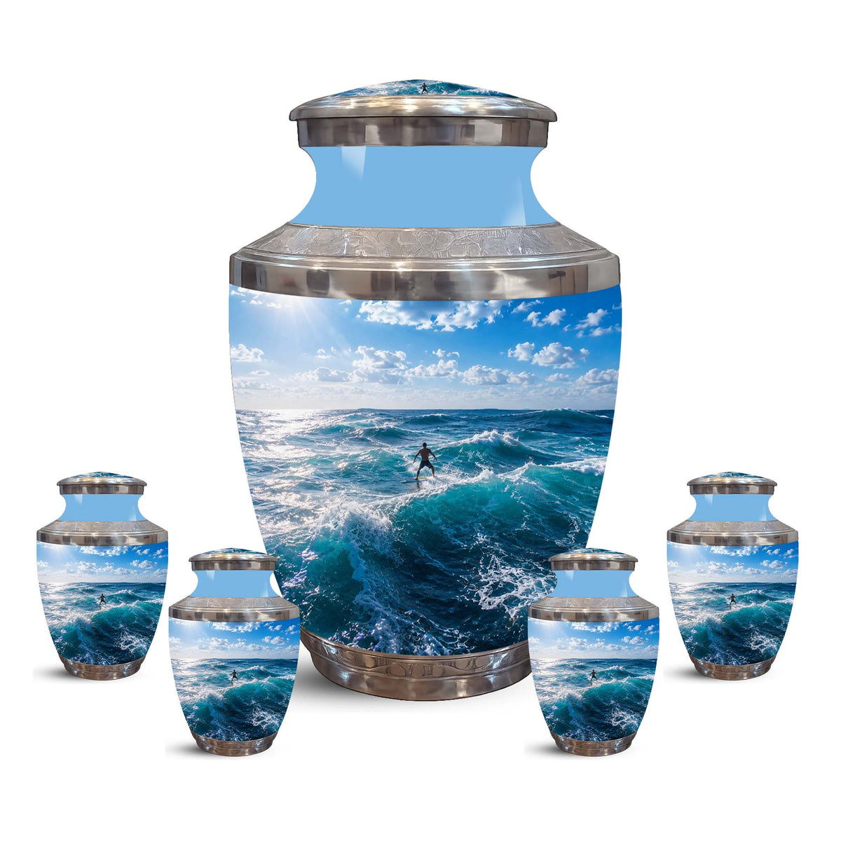 Man Surfing Big Waves Ocean Cremation Urn – Custom Aluminum Memorial Urn