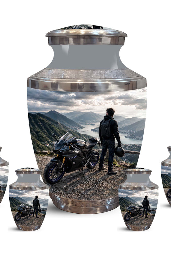 Mountain Motorcycle Rider Cremation Urn - Custom Aluminum Memorial Urn