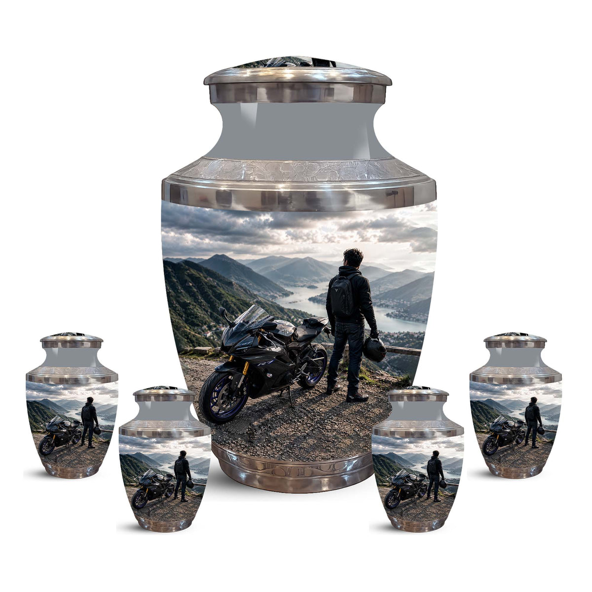 Mountain Motorcycle Rider Cremation Urn - Custom Aluminum Memorial Urn