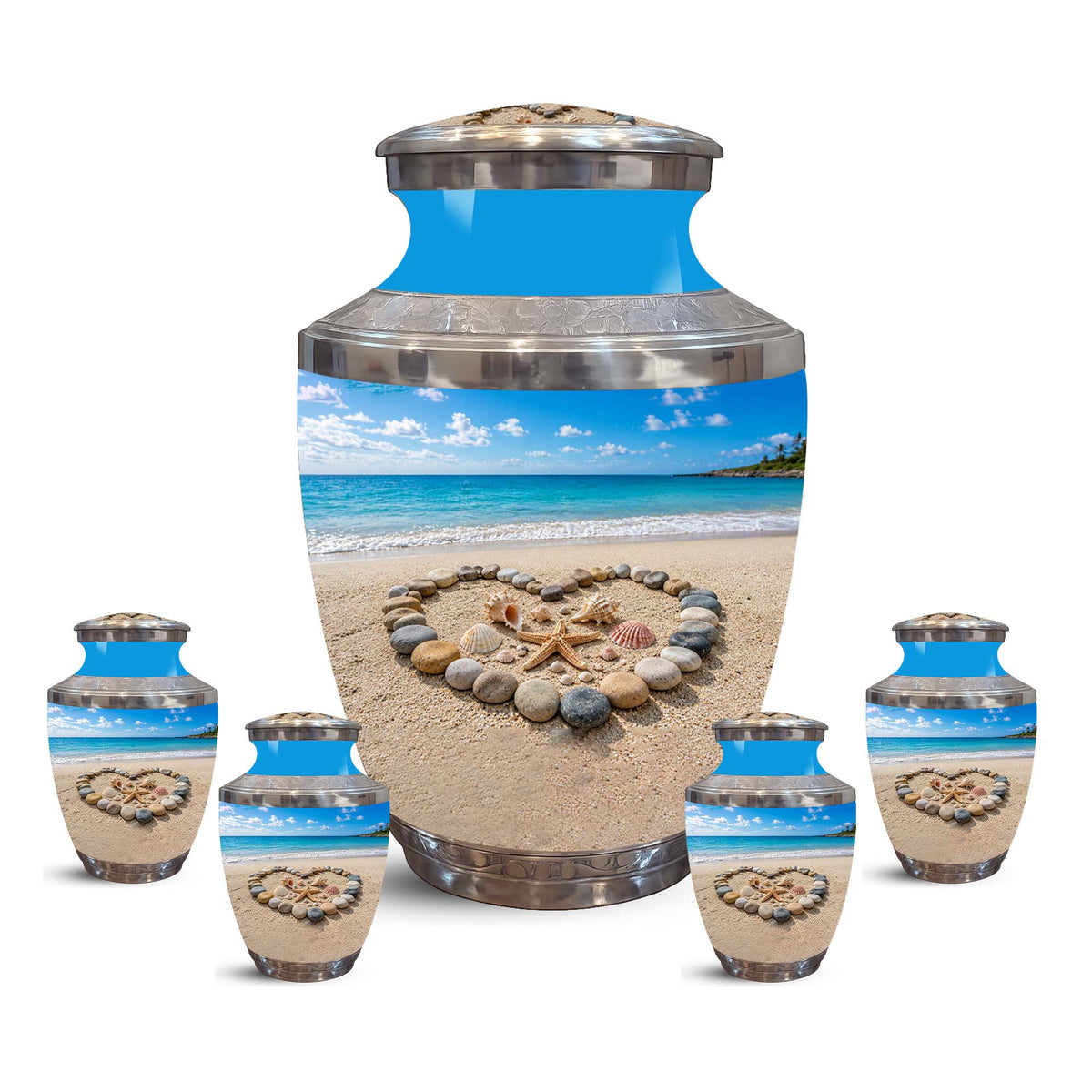 Personalized Blue Ocean Heart Beach Urn - Aluminum Urns For Ashes