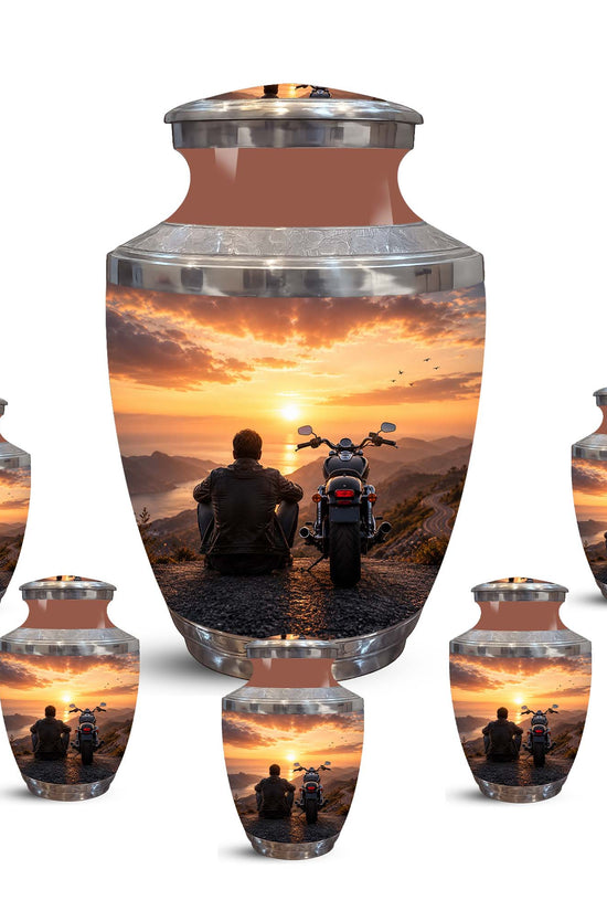 Peaceful Sunset Motorcycle Cremation Urn – Memorial Tribute to Biker Ashes