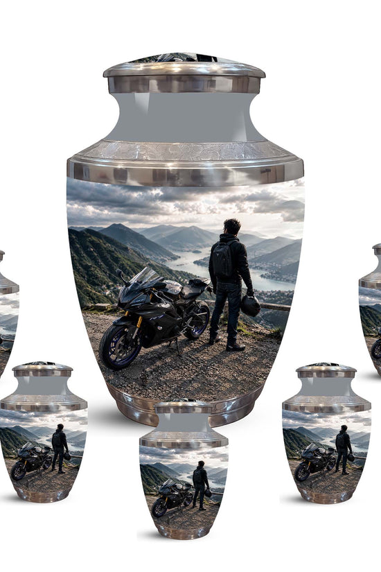 Mountain Motorcycle Rider Cremation Urn - Custom Aluminum Memorial Urn