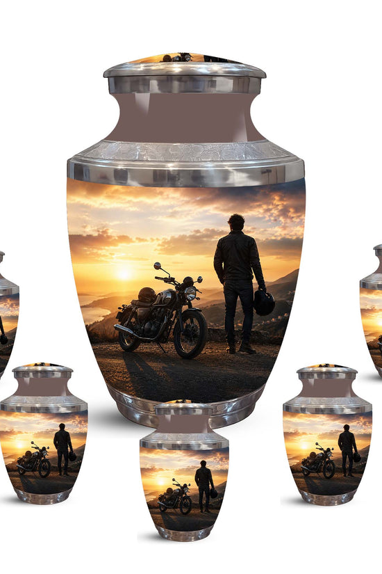 Sunset Motor Bike Rider Funeral Urn - Custom Memorial Tribute Funeral Urns