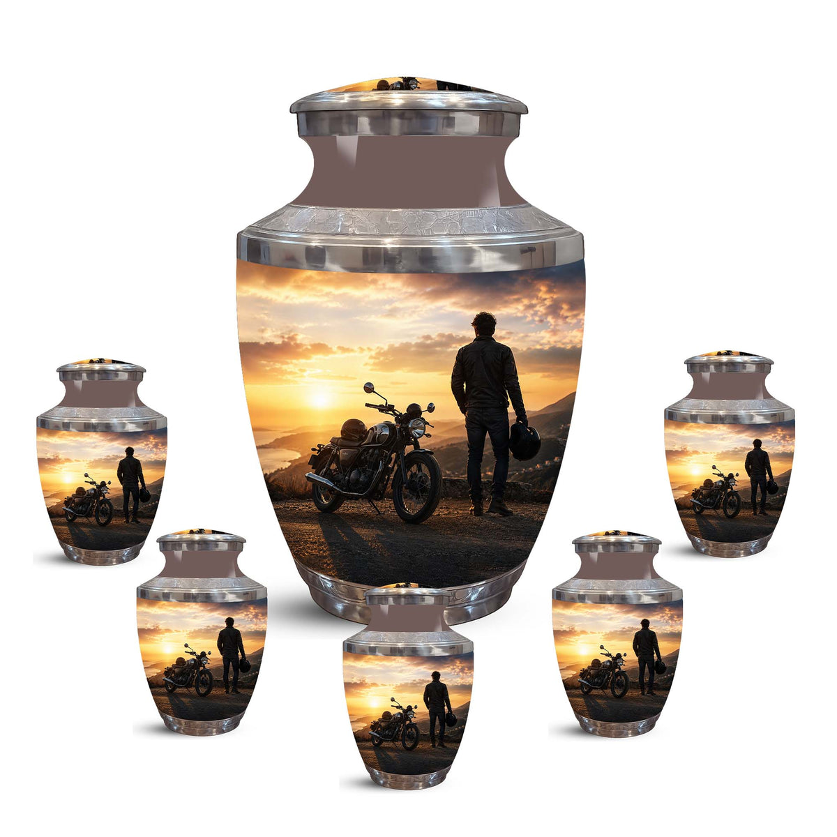 Sunset Motor Bike Rider Funeral Urn - Custom Memorial Tribute Funeral Urns