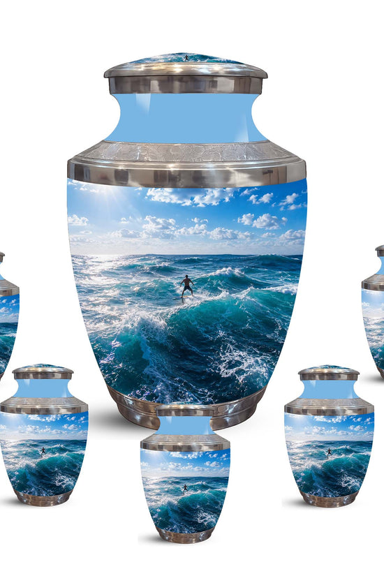 Man Surfing Big Waves Ocean Cremation Urn – Custom Aluminum Memorial Urn