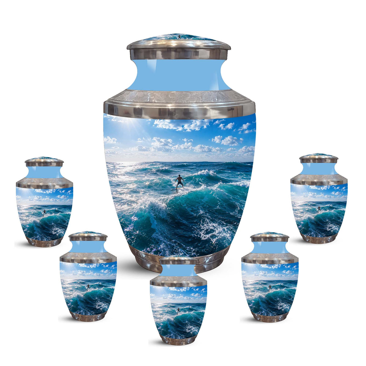 Man Surfing Big Waves Ocean Cremation Urn – Custom Aluminum Memorial Urn