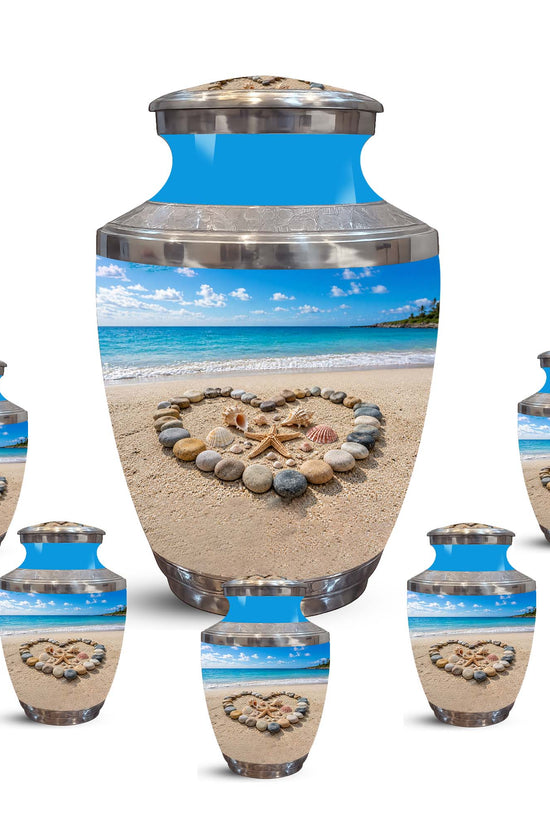 Personalized Blue Ocean Heart Beach Urn - Aluminum Urns For Ashes