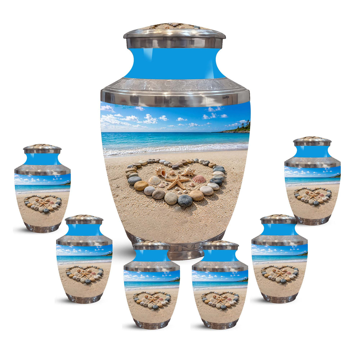 Personalized Blue Ocean Heart Beach Urn - Aluminum Urns For Ashes