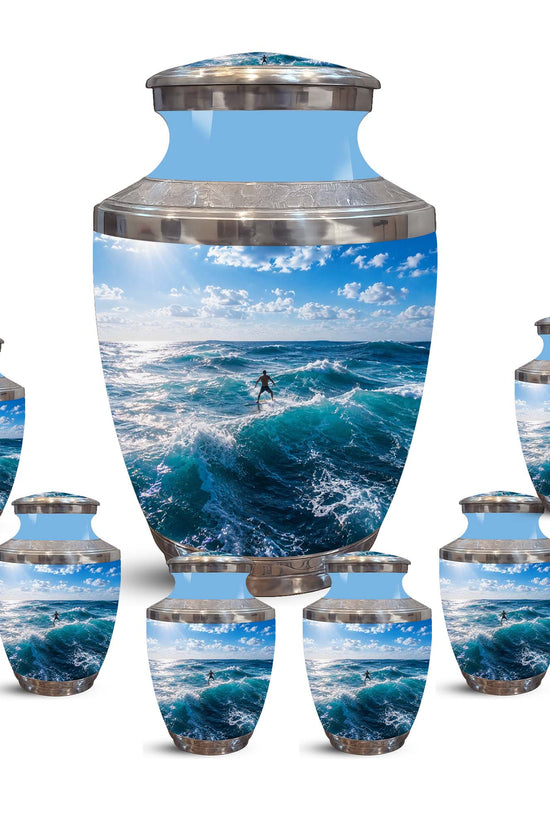 Man Surfing Big Waves Ocean Cremation Urn – Custom Aluminum Memorial Urn