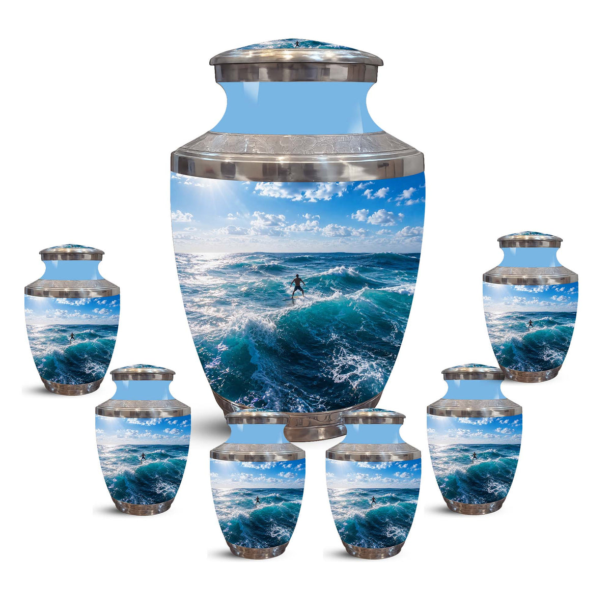 Man Surfing Big Waves Ocean Cremation Urn – Custom Aluminum Memorial Urn