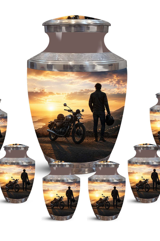 Sunset Motor Bike Rider Funeral Urn - Custom Memorial Tribute Funeral Urns