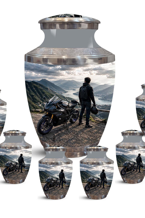 Mountain Motorcycle Rider Cremation Urn - Custom Aluminum Memorial Urn