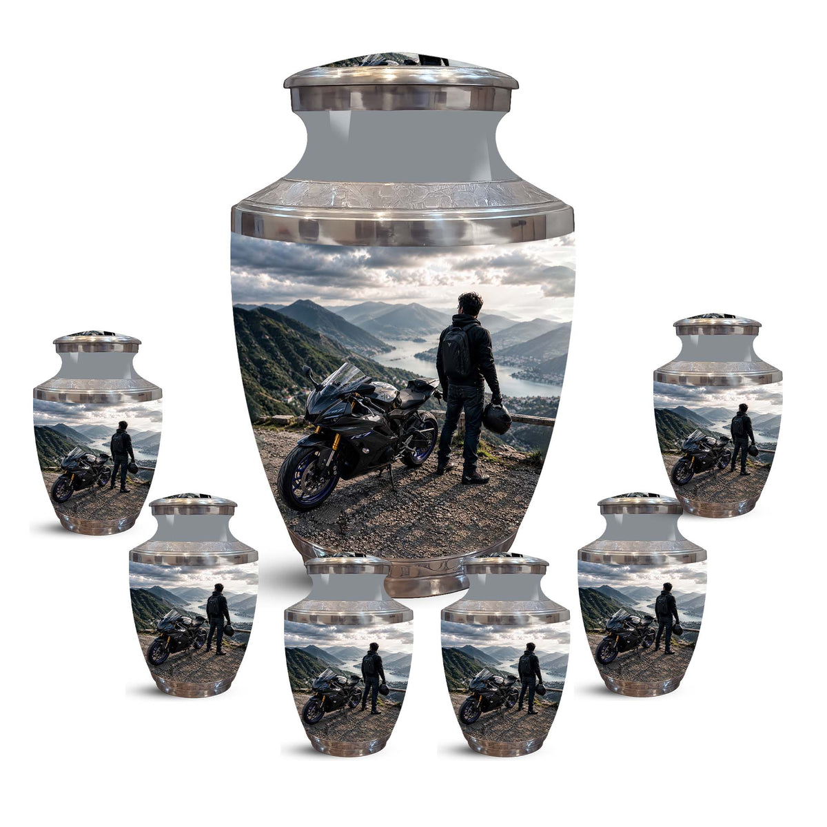 Mountain Motorcycle Rider Cremation Urn - Custom Aluminum Memorial Urn