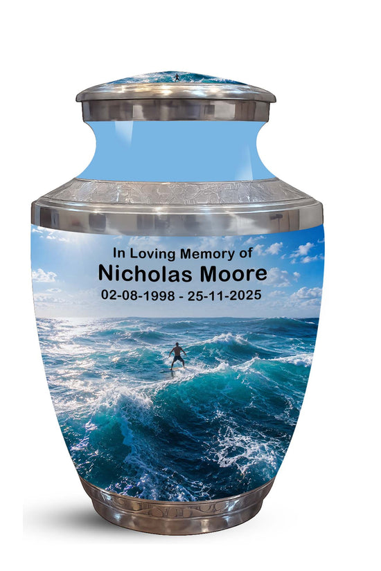 Man Surfing Big Waves Ocean Cremation Urn – Custom Aluminum Memorial Urn