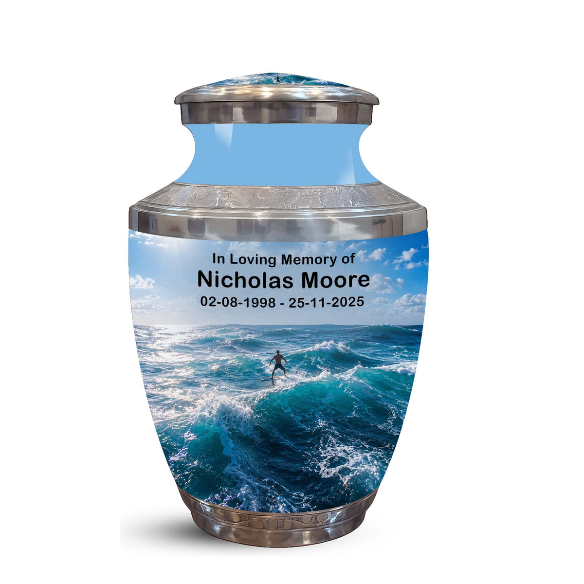 Man Surfing Big Waves Ocean Cremation Urn – Custom Aluminum Memorial Urn