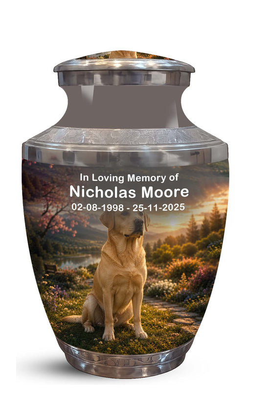 A memorial urn with a printed photo of a golden retriever dog sitting in a scenic landscape, with custom text reading 'In Loving Memory of Nicholas Moore' and dates. The urn has a brushed silver metallic finish and is shown on a plain white background.