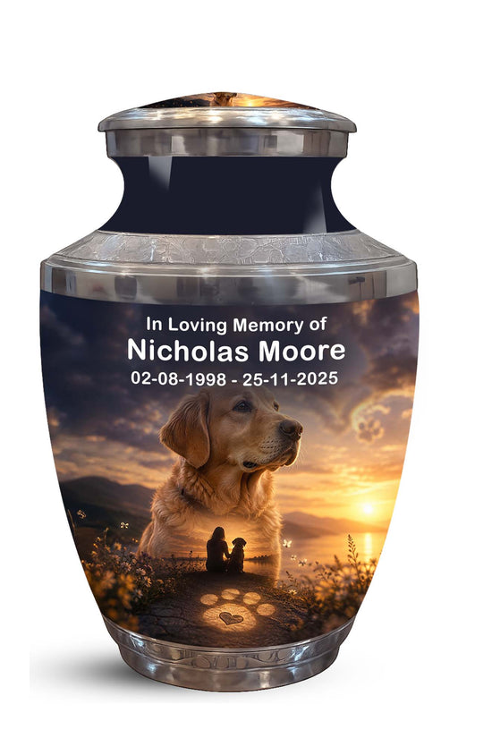 A memorial urn with a printed photo of a golden retriever dog and a sunset scene, featuring the text 'In Loving Memory of Nicholas Moore 02-08-1998 - 25-11-2025' on a white background.
