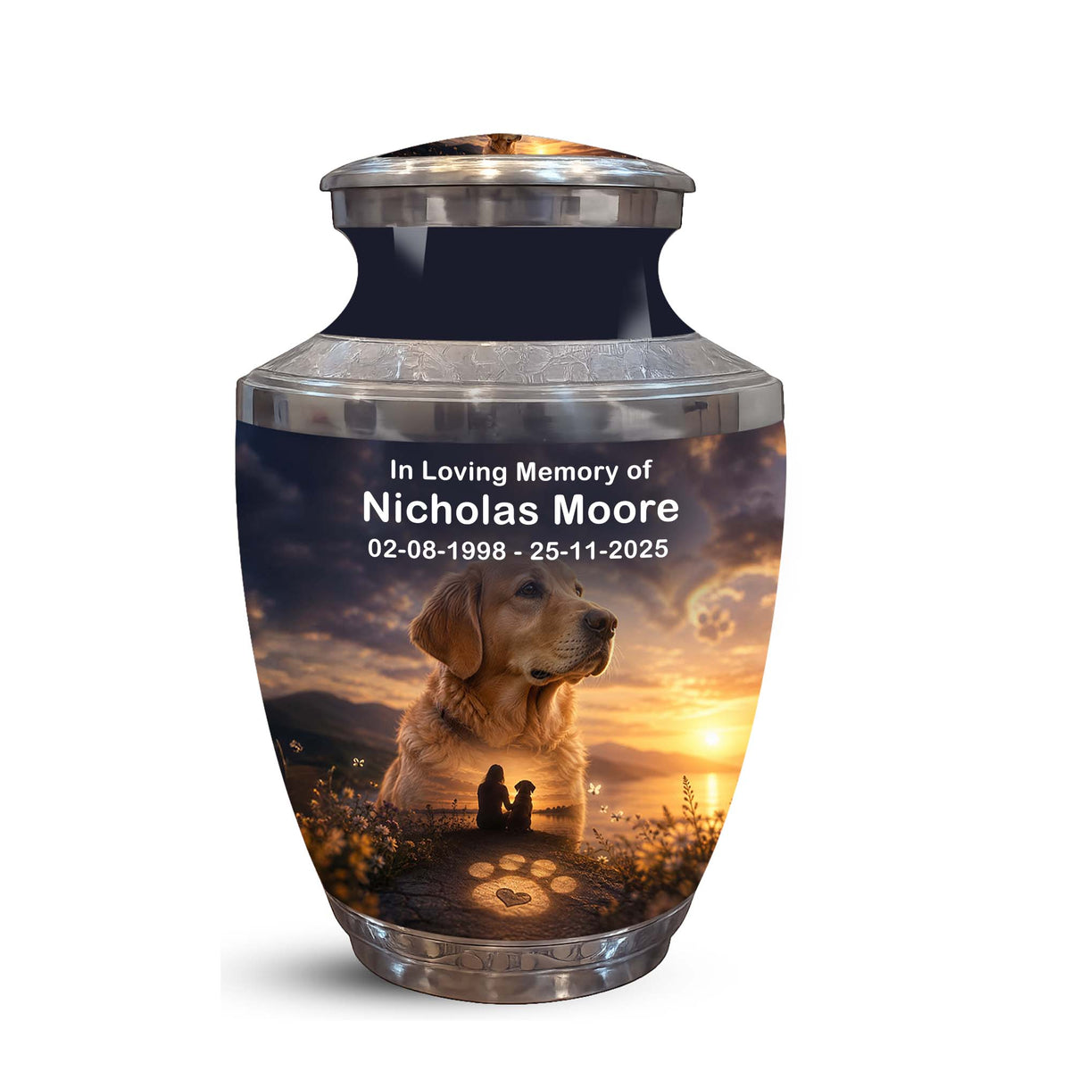 A memorial urn with a printed photo of a golden retriever dog and a sunset scene, featuring the text 'In Loving Memory of Nicholas Moore 02-08-1998 - 25-11-2025' on a white background.