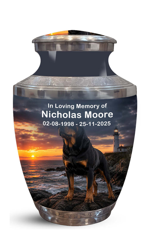 A memorial urn with a custom printed photo of a black and tan dog standing by the ocean at sunset, with the text 'In Loving Memory of Nicholas Moore 02-08-1998 - 25-11-2025' on the front. The urn has a dark gray body, silver metallic top and base, and is shown on a plain white background.