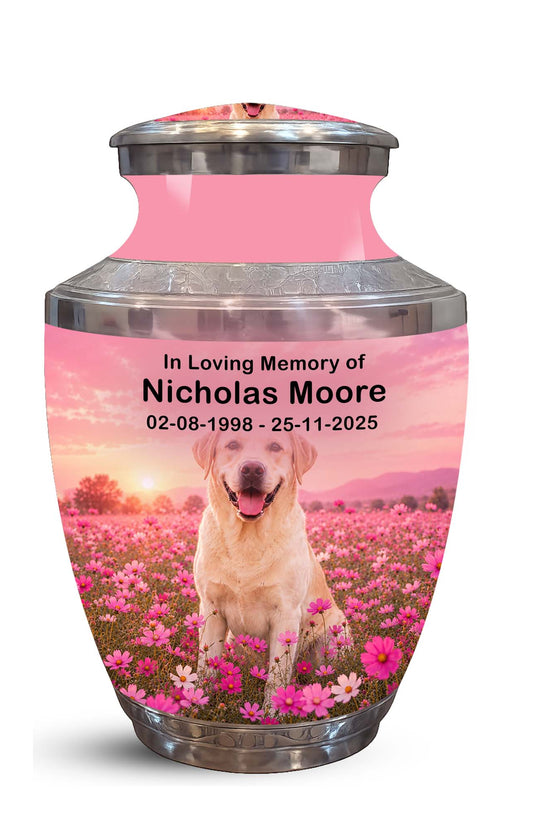 A memorial urn with a pink upper body and silver metallic rim and base, featuring a printed photo of a yellow Labrador retriever sitting in a pink flower field with sunset colors. Personalized text on the front reads: 'In Loving Memory of Nicholas Moore 02-08-1998 - 25-11-2025'.