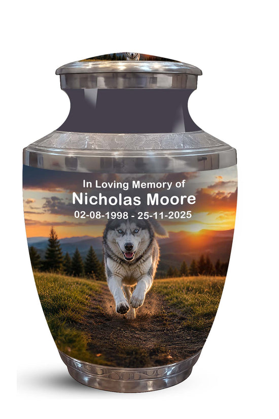 A memorial urn with a lid, featuring a printed photo of a husky running across a grassy field at sunset, with customizable text reading 'In Loving Memory of Nicholas Moore' and dates. The urn has a brushed silver metallic finish and is shown on a plain white background.