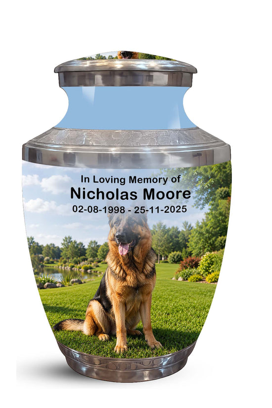 A memorial pet urn with a printed photo of a German Shepherd on a green lawn, with the text 'In Loving Memory of Nicholas Moore 02-08-1998 - 25-11-2025' on a white background.