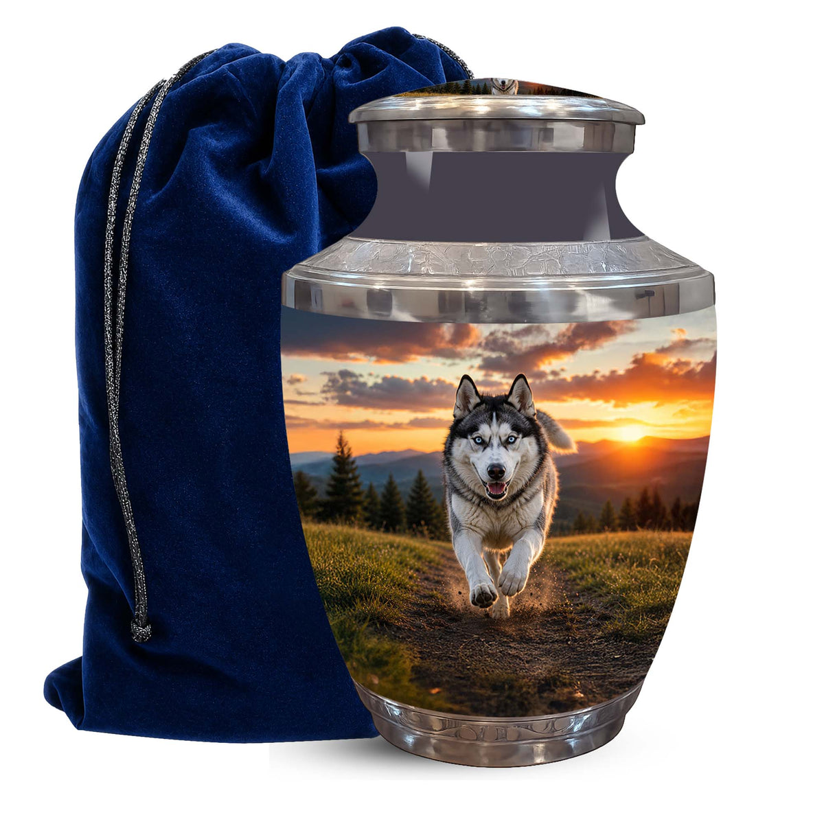 A stainless steel cremation urn with a custom printed photo of a husky running across a field at sunset, shown next to a dark blue velvet drawstring bag on a white background.