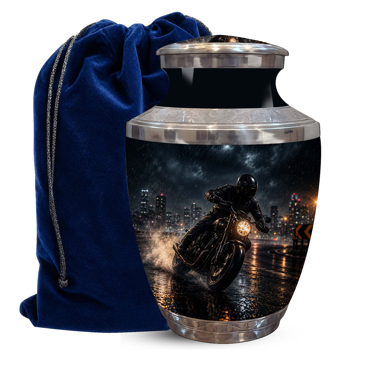 A metallic urn-shaped keepsake or cremation container with a printed motorcycle rider at night design, shown next to a dark blue velvet drawstring bag on a white background.