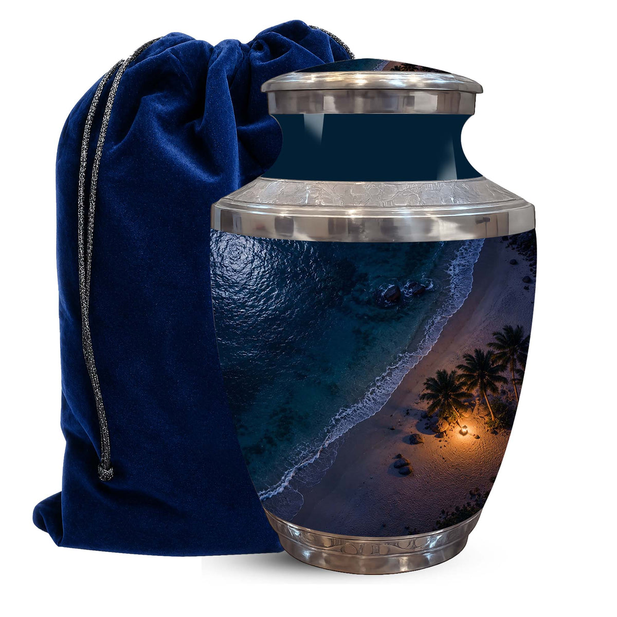 A ceramic urn featuring a tropical beach sunset print, shown next to a dark blue velvet drawstring bag on a white background.