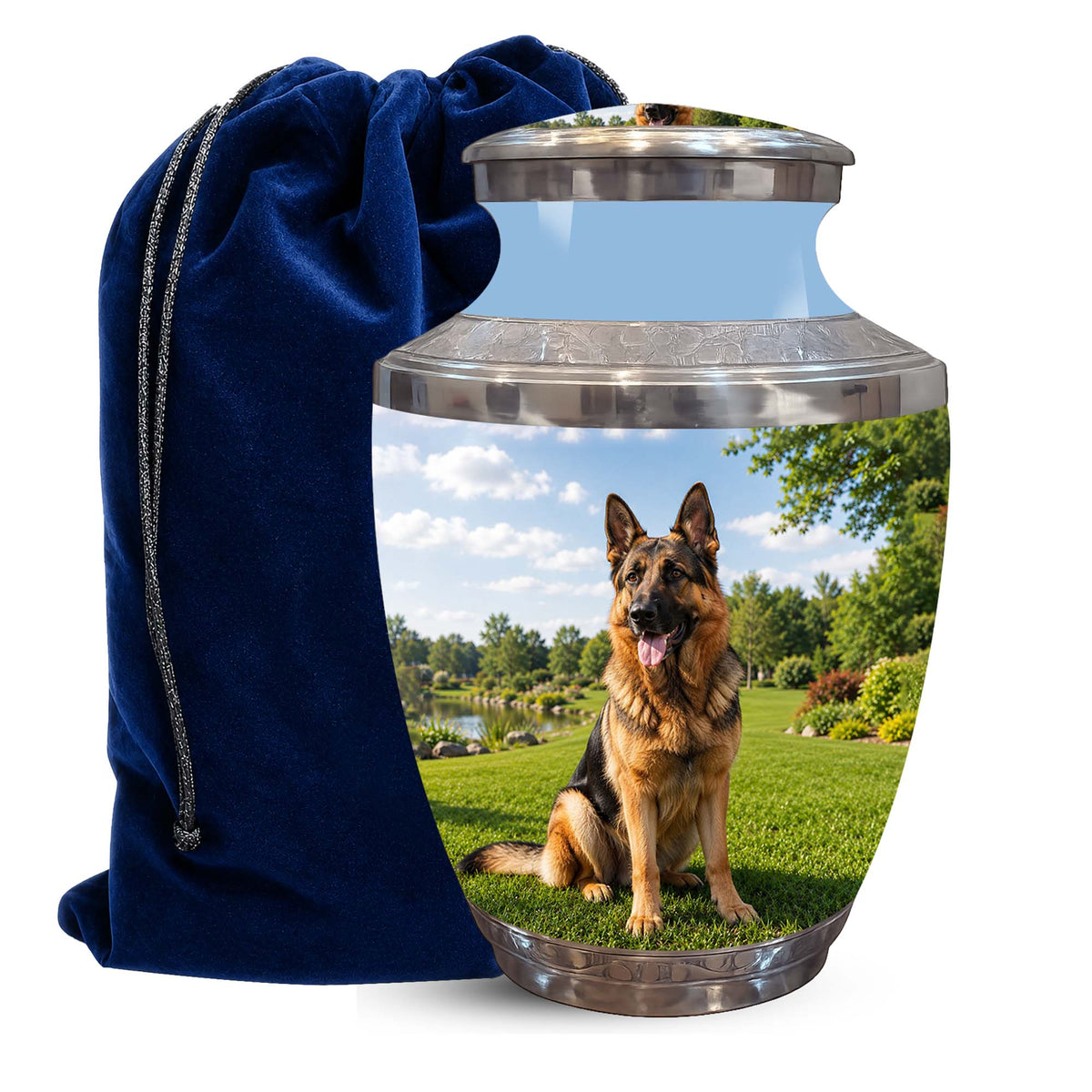 A pet memorial urn shaped like a glass jar with a silver metal lid and base, printed with a photo of a German Shepherd sitting on grass under a blue sky. A dark blue velvet drawstring bag is placed beside it on a white background.