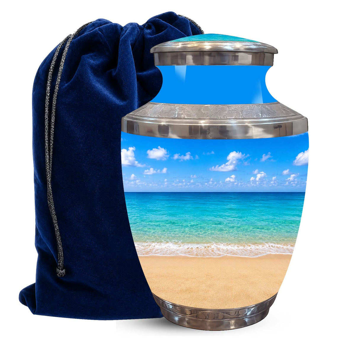 A glossy urn-shaped keepsake or cremation container with a tropical beach scene printed on the body, shown next to a dark blue velvet drawstring bag on a white background.