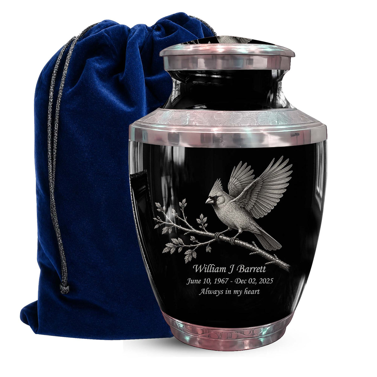 Black Cardinal Bird Cremation Urn - Balck Urn For Men & Women