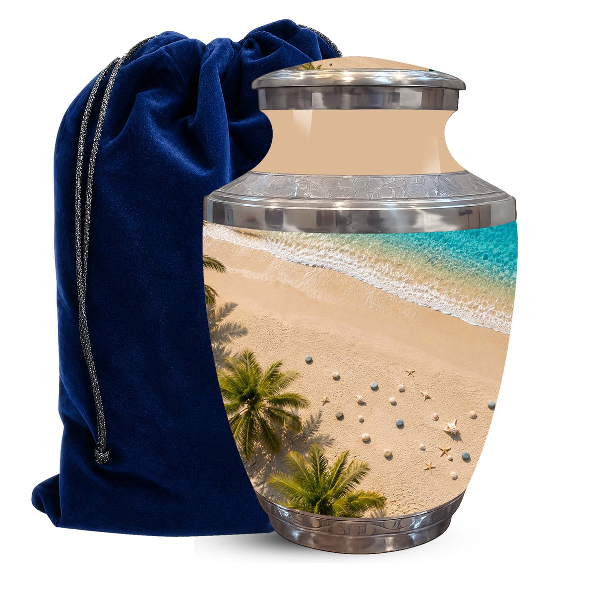 A ceramic cremation urn with a tropical beach print, shown next to a dark blue velvet drawstring bag on a white background.