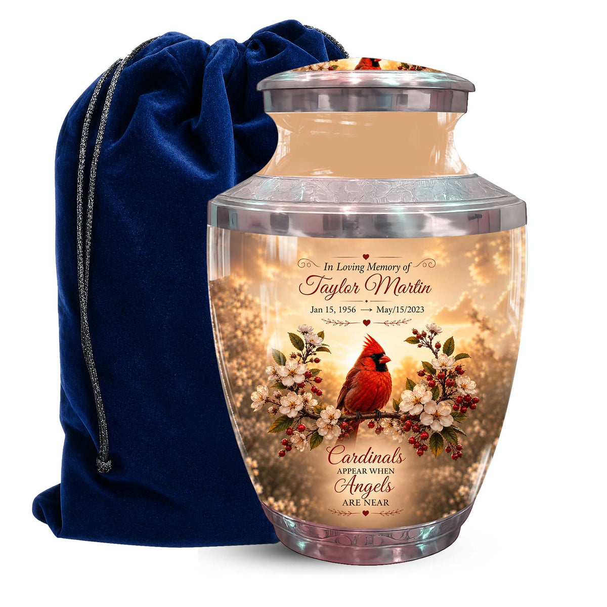 Red Cardinal Bird Memorial Urn - Floral Funeral Urns For Ashes