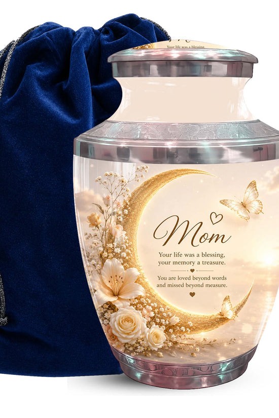 Crescent Moon Memorial Urn For Mom - Floral Urn For Ashes